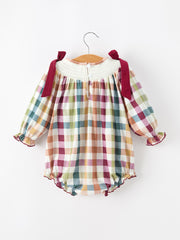 Thanksgiving “THANKFUL” Embroidered Smocked Plaid Bubble Romper