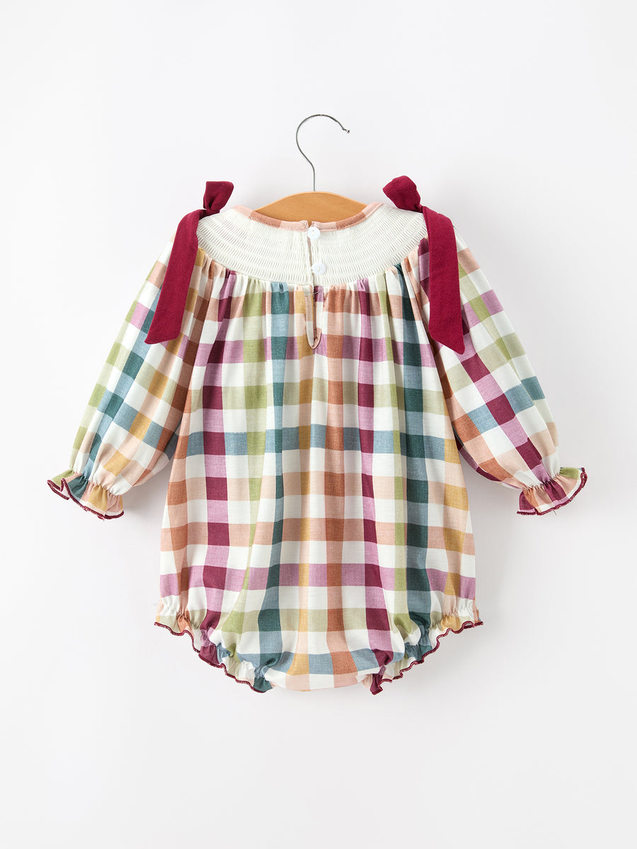 Thanksgiving “THANKFUL” Embroidered Smocked Plaid Bubble Romper
