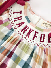 Thanksgiving “THANKFUL” Embroidered Smocked Plaid Bubble Romper