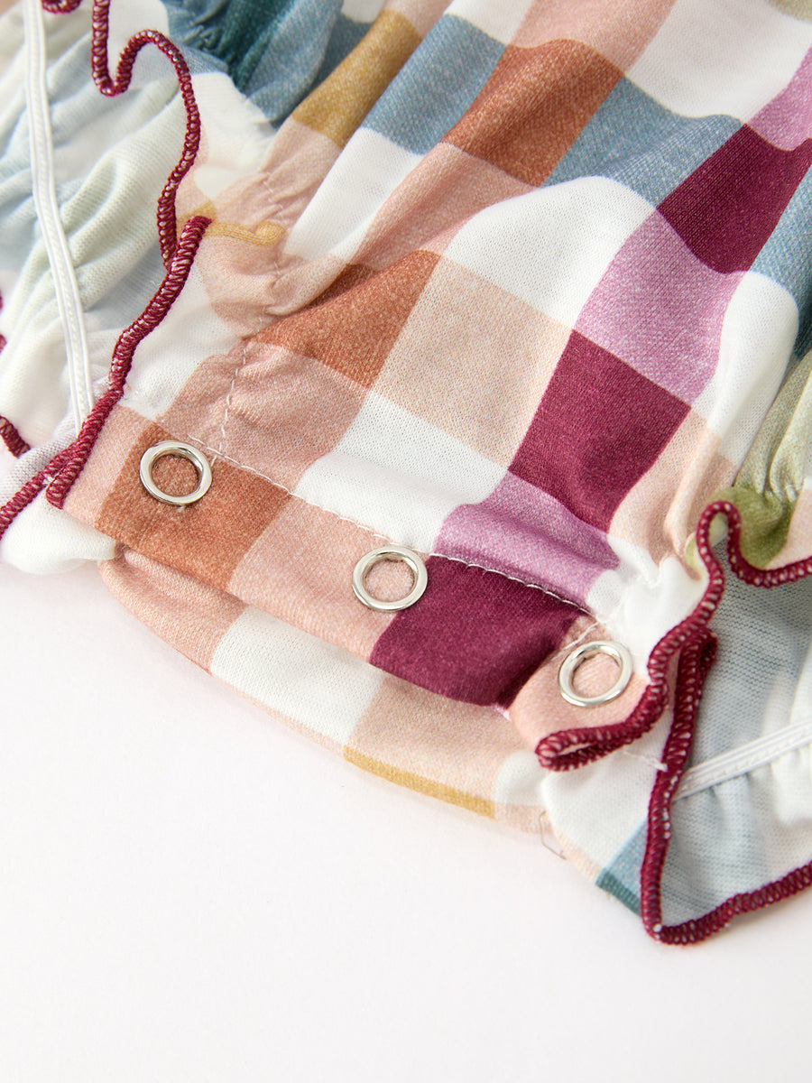 Thanksgiving “THANKFUL” Embroidered Smocked Plaid Bubble Romper