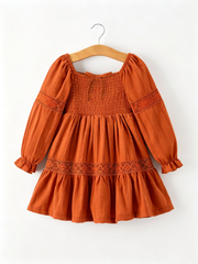 Fall Girls Rust Smocked Lace Trim Ruffle Dress