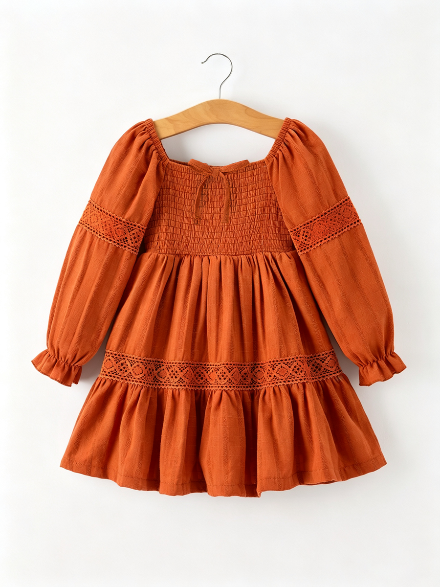 Fall Girls Rust Smocked Lace Trim Ruffle Dress