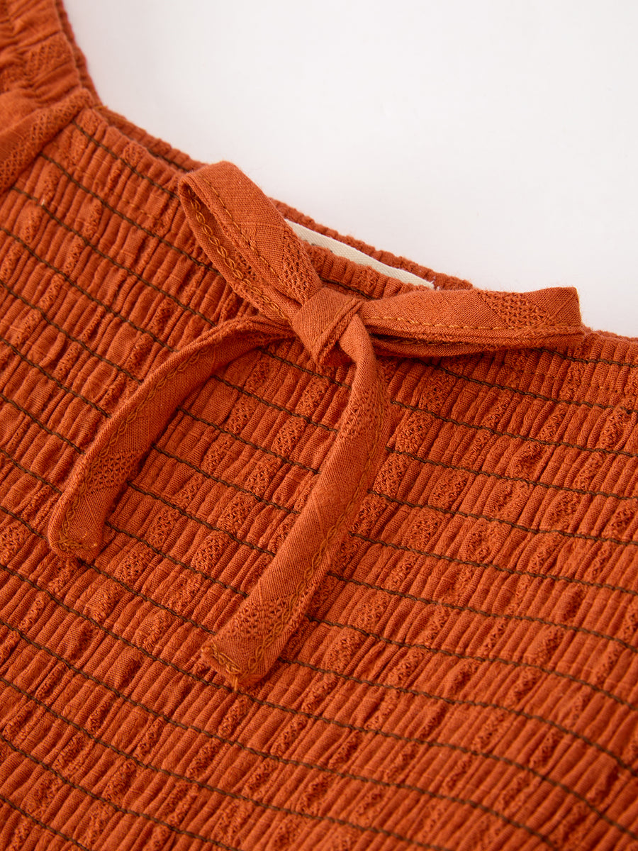 Fall Girls Rust Smocked Lace Trim Ruffle Dress