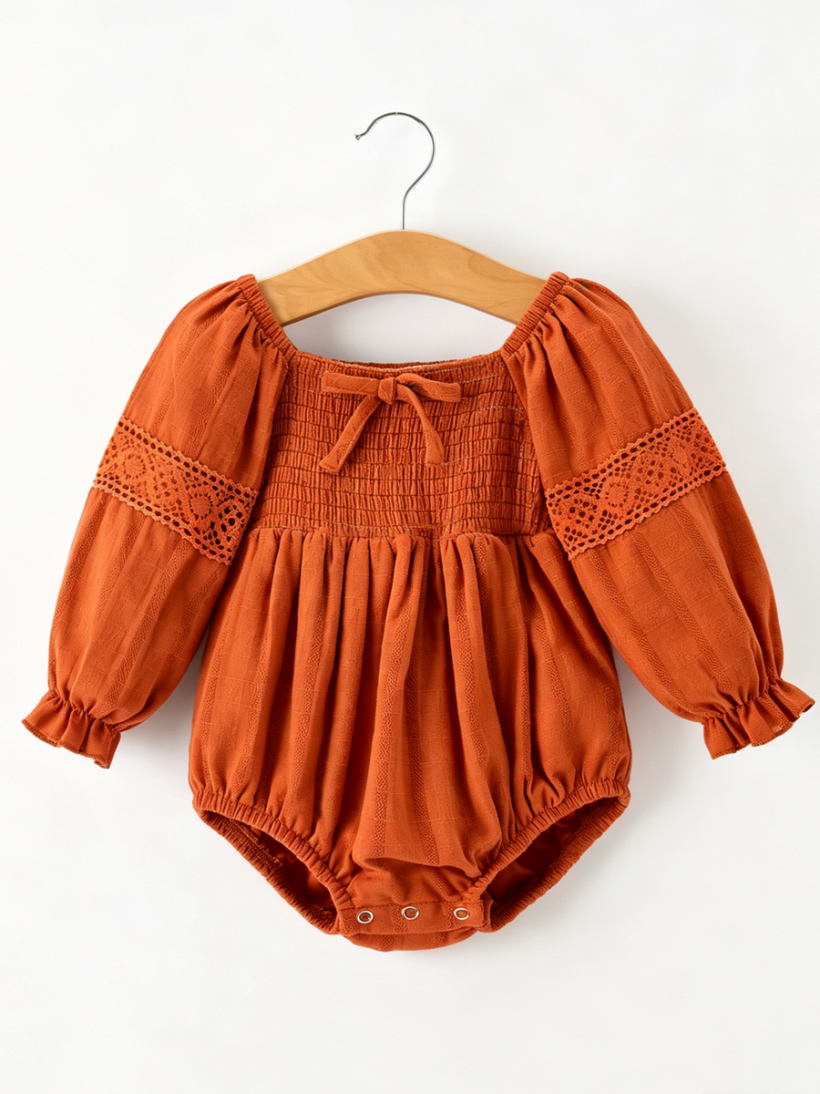 Fall Baby Girls Rust Smocked Lace Trim Bubble Romper