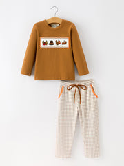 Thanksgiving Boys Embroidered Shirt Gingham Pants Set Fall Outfit