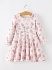 Christmas Girls Sweet Treats Print Twirl Long Sleeve Dress