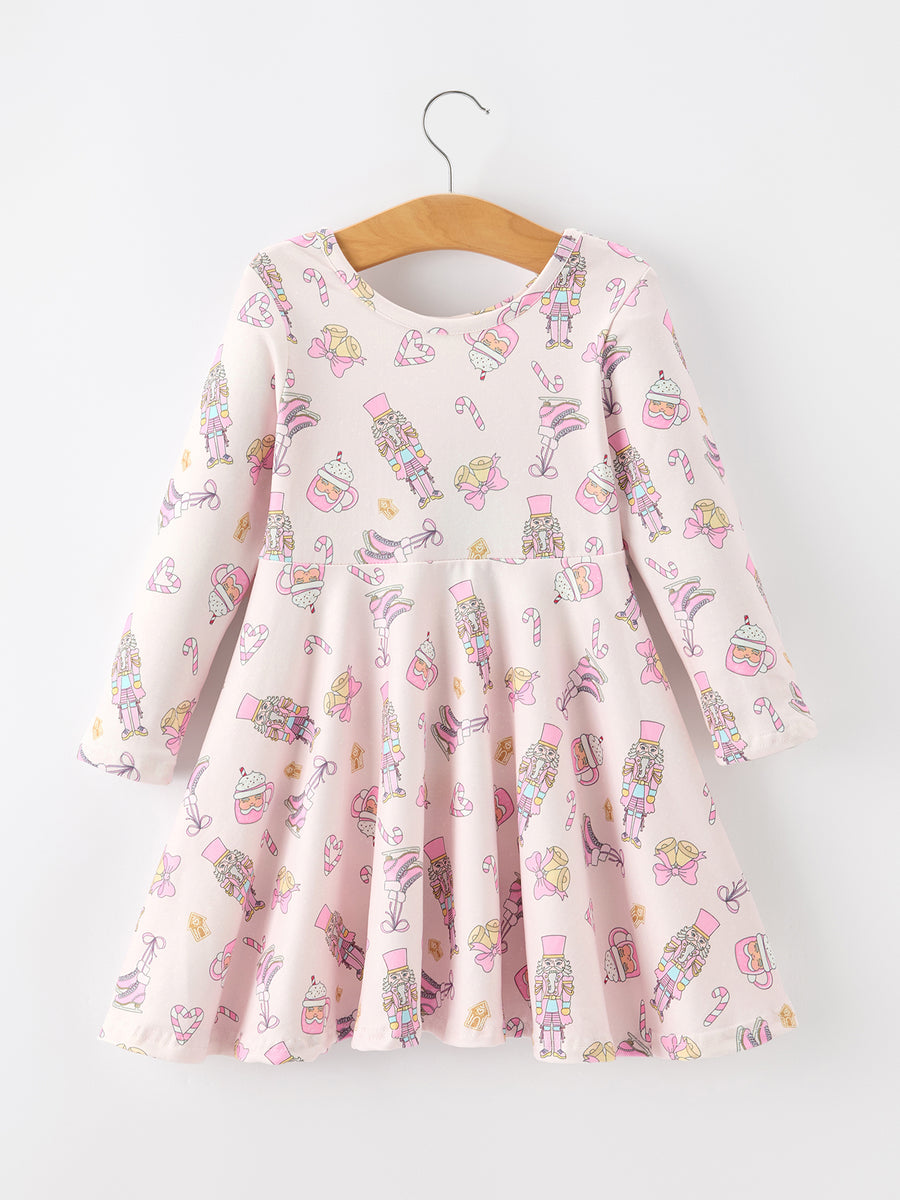Christmas Girls Sweet Treats Print Twirl Long Sleeve Dress