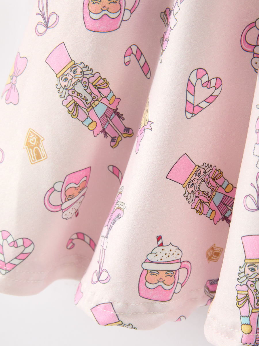 Christmas Girls Sweet Treats Print Twirl Long Sleeve Dress