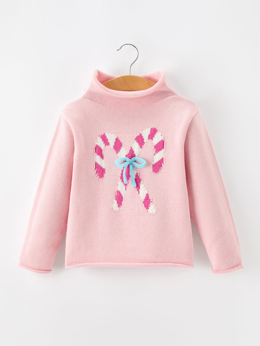 Girls Christmas Candy Cane Bow Knit Sweater