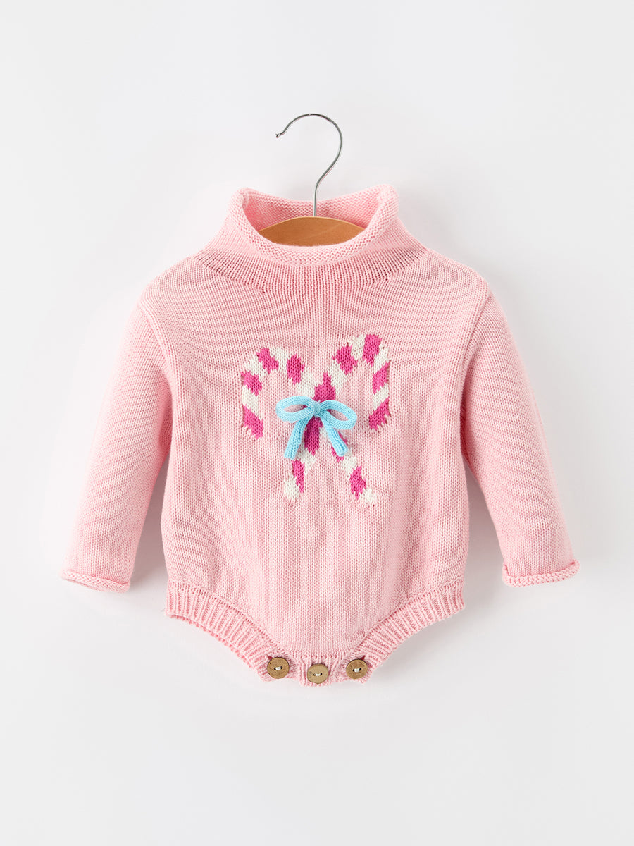 Christmas Candy Cane Bow Knit Baby Girls Romper