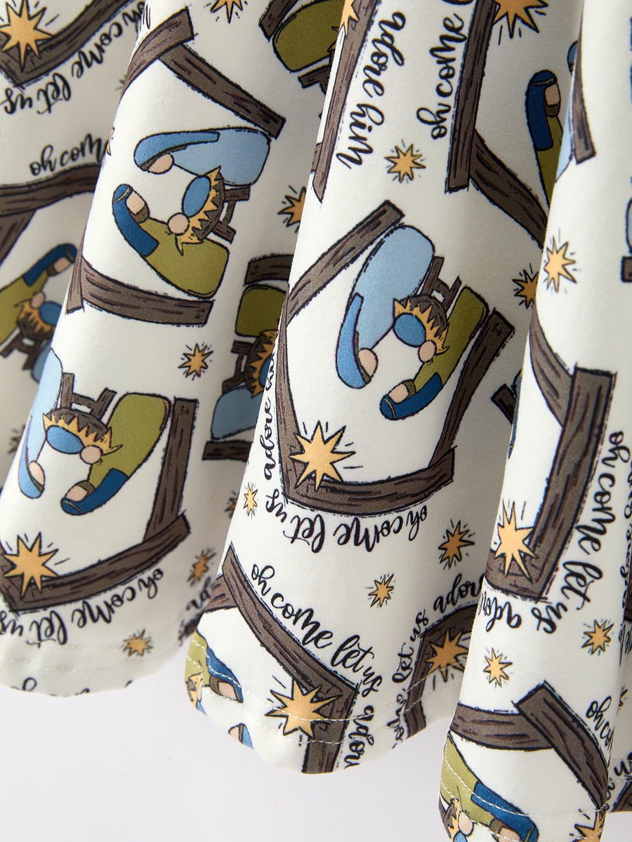 Christmas Girls Nativity Scene Print Twirl Dress