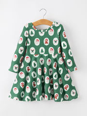 Christmas Girls Santa & Green Holiday Print Twirl Dress