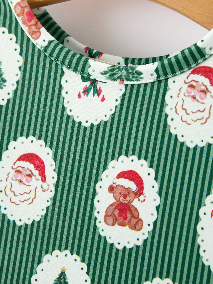 Christmas Girls Santa & Green Holiday Print Twirl Dress