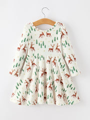Christmas Girls Deer & Pine Tree Holiday Twirl Dress