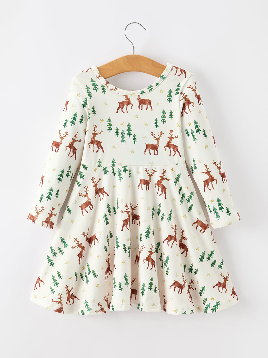 Christmas Girls Deer & Pine Tree Holiday Twirl Dress