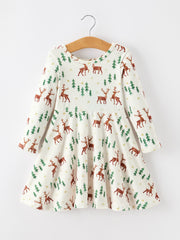 Christmas Girls Deer & Pine Tree Holiday Twirl Dress
