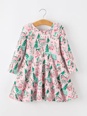 Christmas Girls Pink Holiday Village Print Twirl Dress