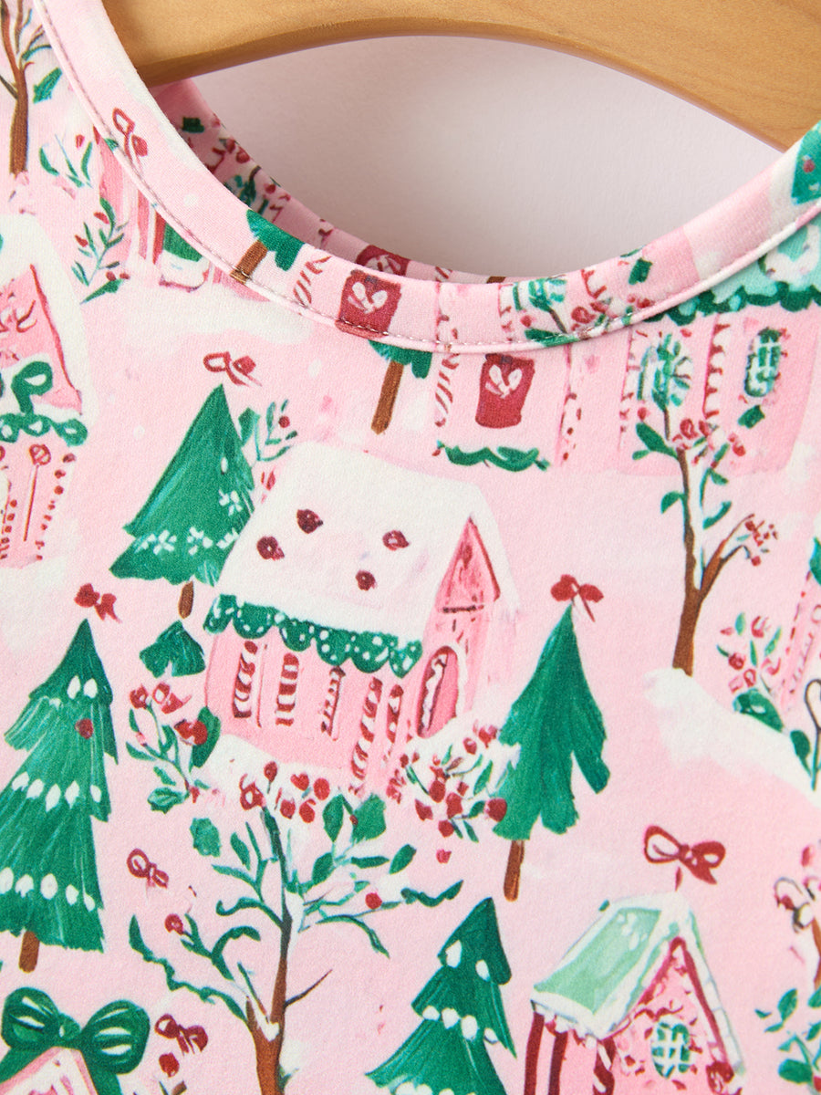 Christmas Girls Pink Holiday Village Print Twirl Dress
