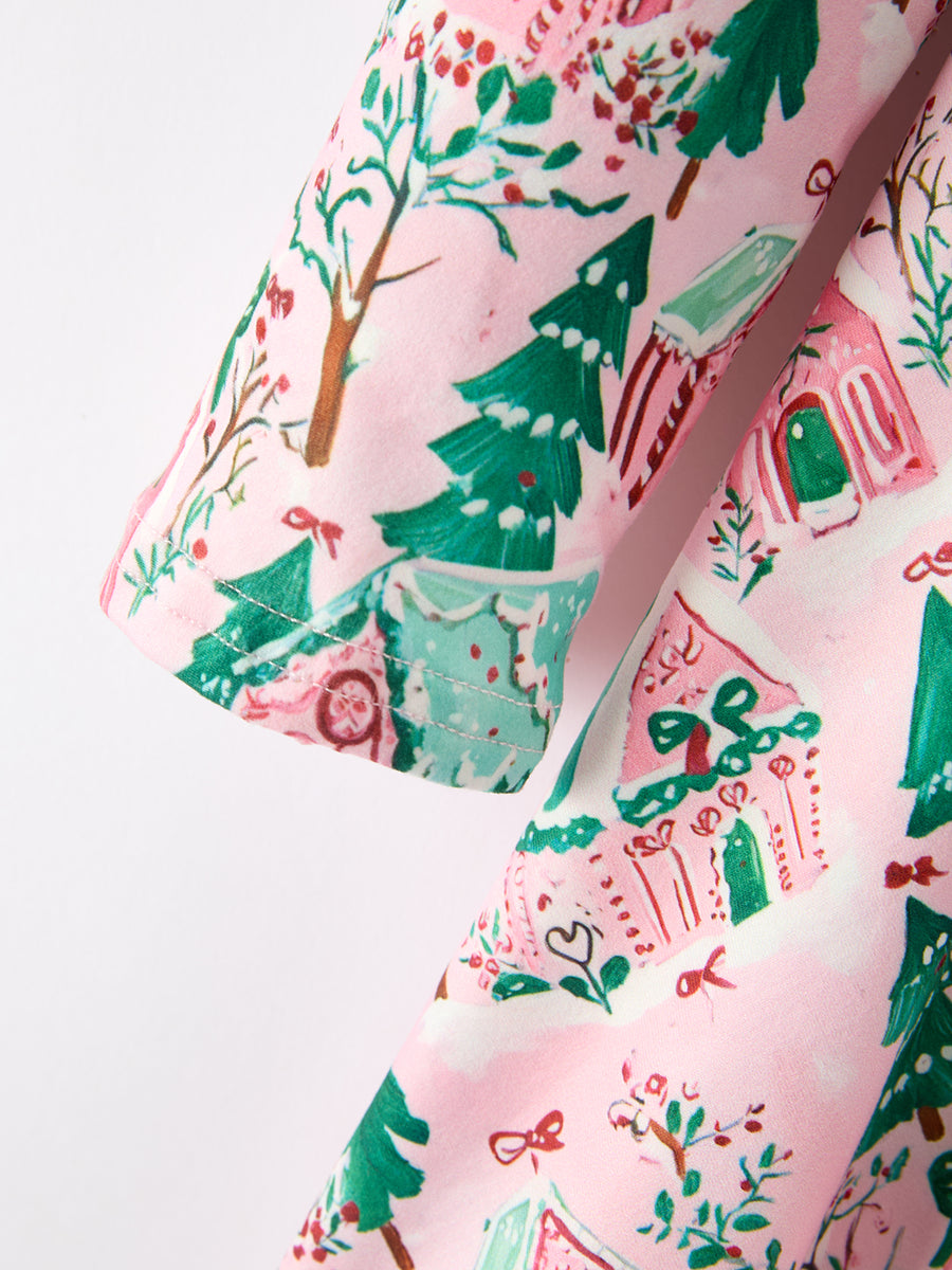 Christmas Girls Pink Holiday Village Print Twirl Dress