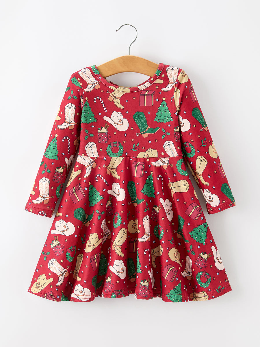 Girls Christmas Wreaths Twirl Long Sleeve Festive Dress
