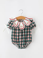 Baby Girl Christmas Plaid Wreath Embroidery Bubble Romper