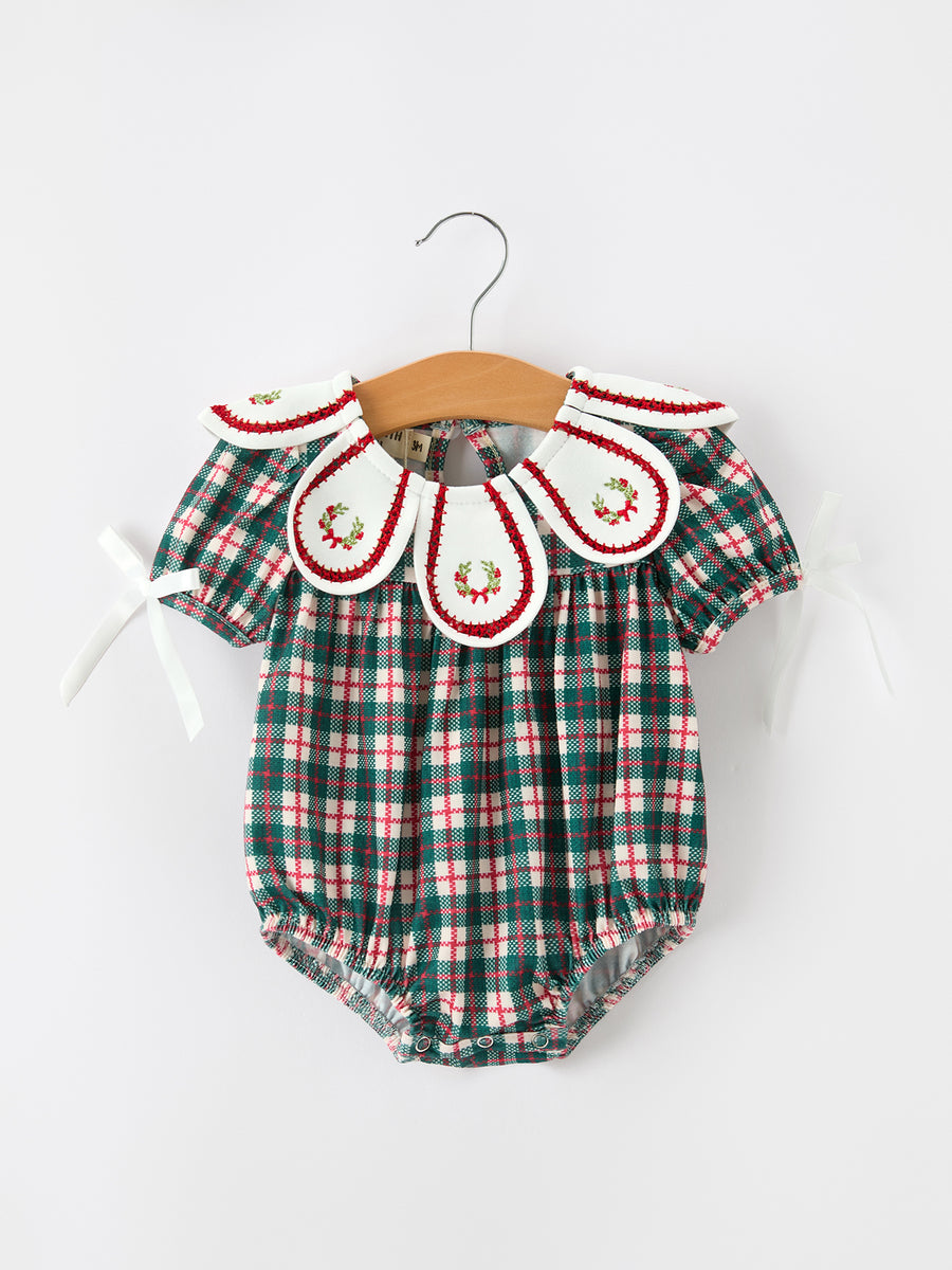 Baby Girl Christmas Plaid Wreath Embroidery Bubble Romper