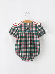 Baby Girl Christmas Plaid Wreath Embroidery Bubble Romper