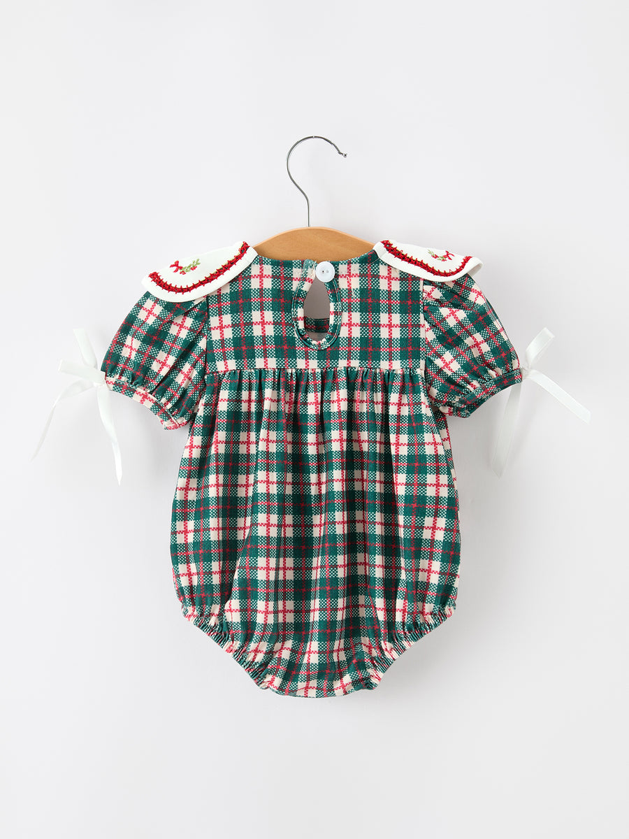 Baby Girl Christmas Plaid Wreath Embroidery Bubble Romper