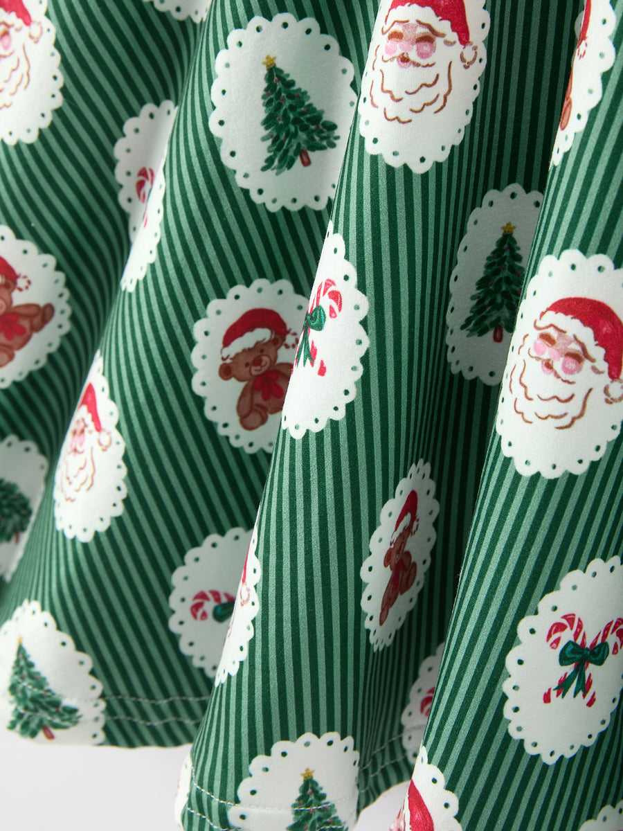 Christmas Girls Santa & Green Holiday Print Twirl Dress
