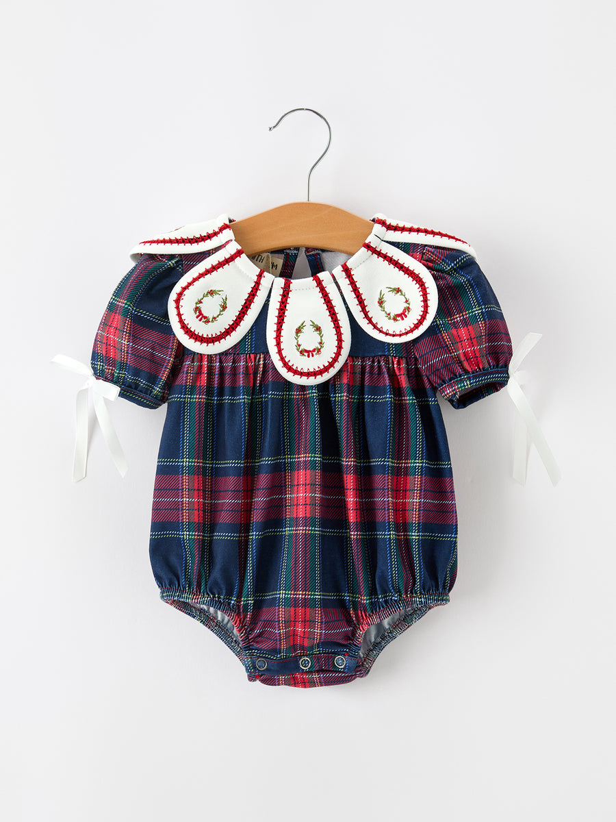 Navy Red Christmas Plaid Wreath Baby Girl Bubble Romper