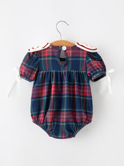 Navy Red Christmas Plaid Wreath Baby Girl Bubble Romper