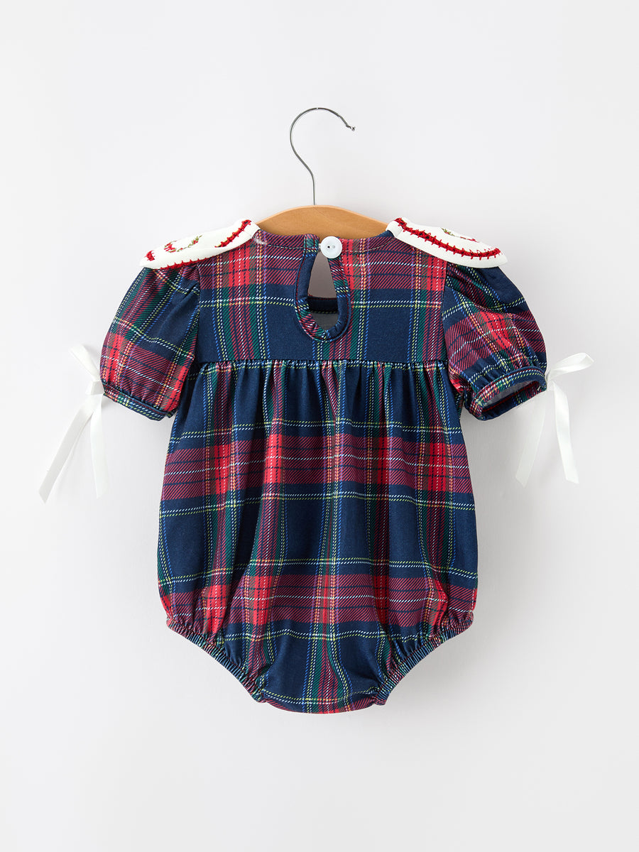 Navy Red Christmas Plaid Wreath Baby Girl Bubble Romper