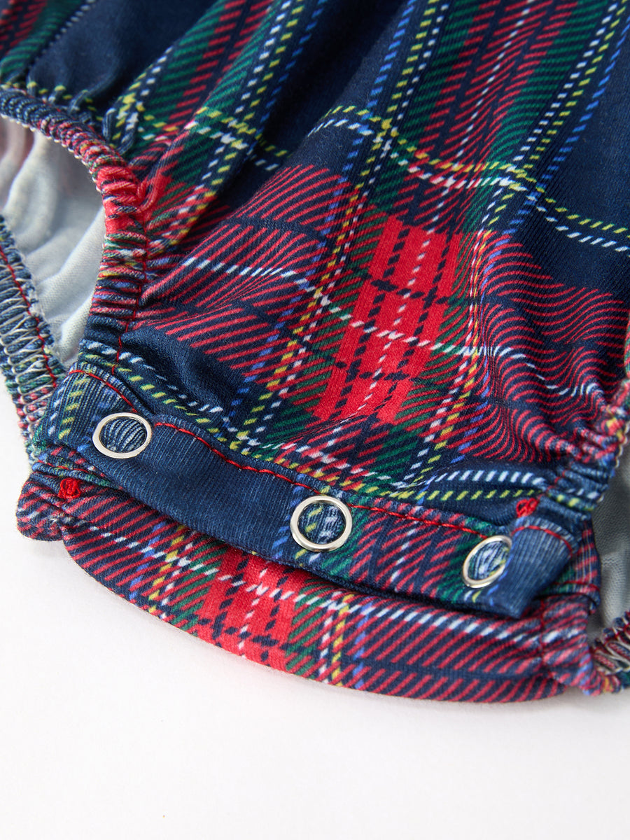 Navy Red Christmas Plaid Wreath Baby Girl Bubble Romper