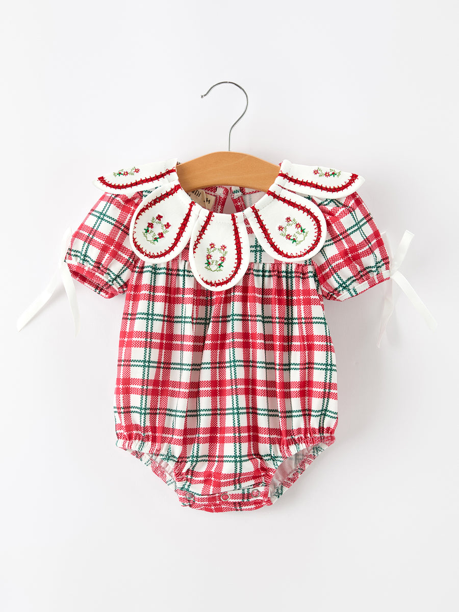 Red Christmas Plaid Wreath Baby Girl Bubble Romper
