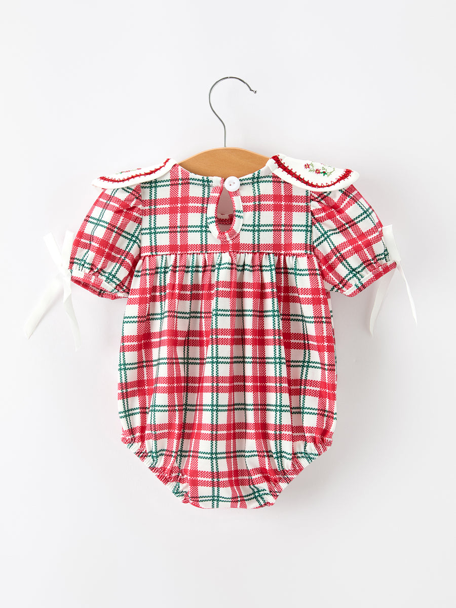 Red Christmas Plaid Wreath Baby Girl Bubble Romper