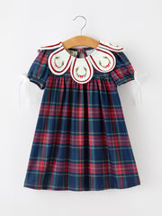 Navy Red Christmas Plaid Wreath Embroidered Girl Dress