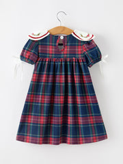 Navy Red Christmas Plaid Wreath Embroidered Girl Dress