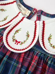 Navy Red Christmas Plaid Wreath Embroidered Girl Dress