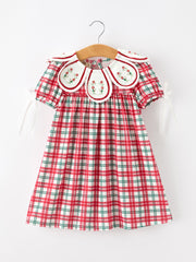 Red Christmas Plaid Wreath Embroidered Girl Dress