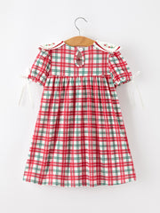 Red Christmas Plaid Wreath Embroidered Girl Dress