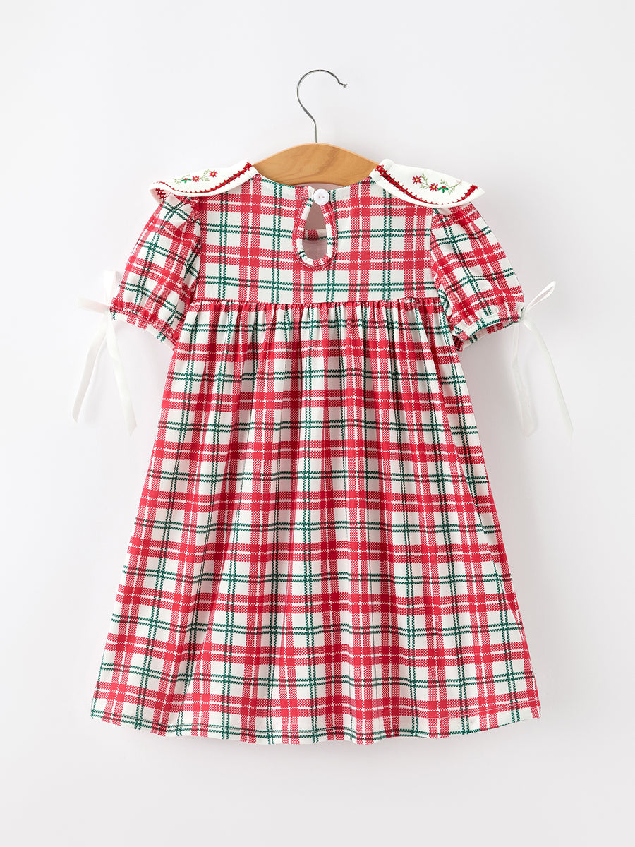 Red Christmas Plaid Wreath Embroidered Girl Dress