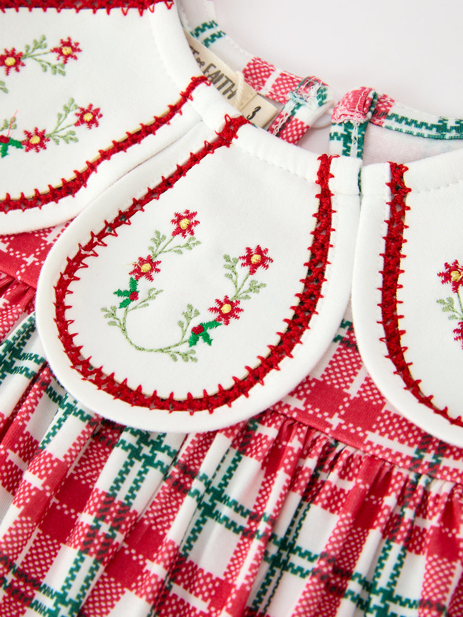 Red Christmas Plaid Wreath Embroidered Girl Dress