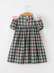Baby Girl Christmas Plaid Embroidered Dress Wreath Collar