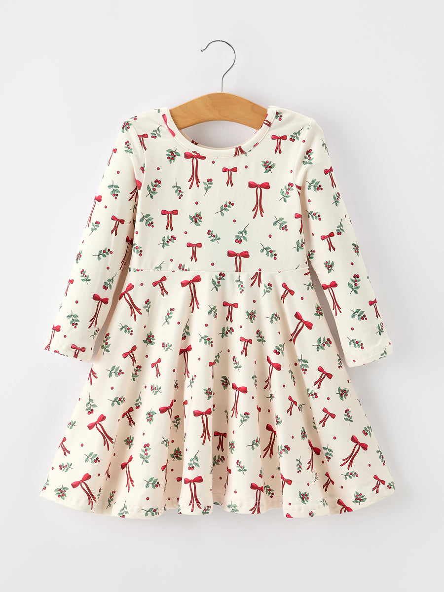 Girls Christmas Bow & Berry Print Twirl Dress