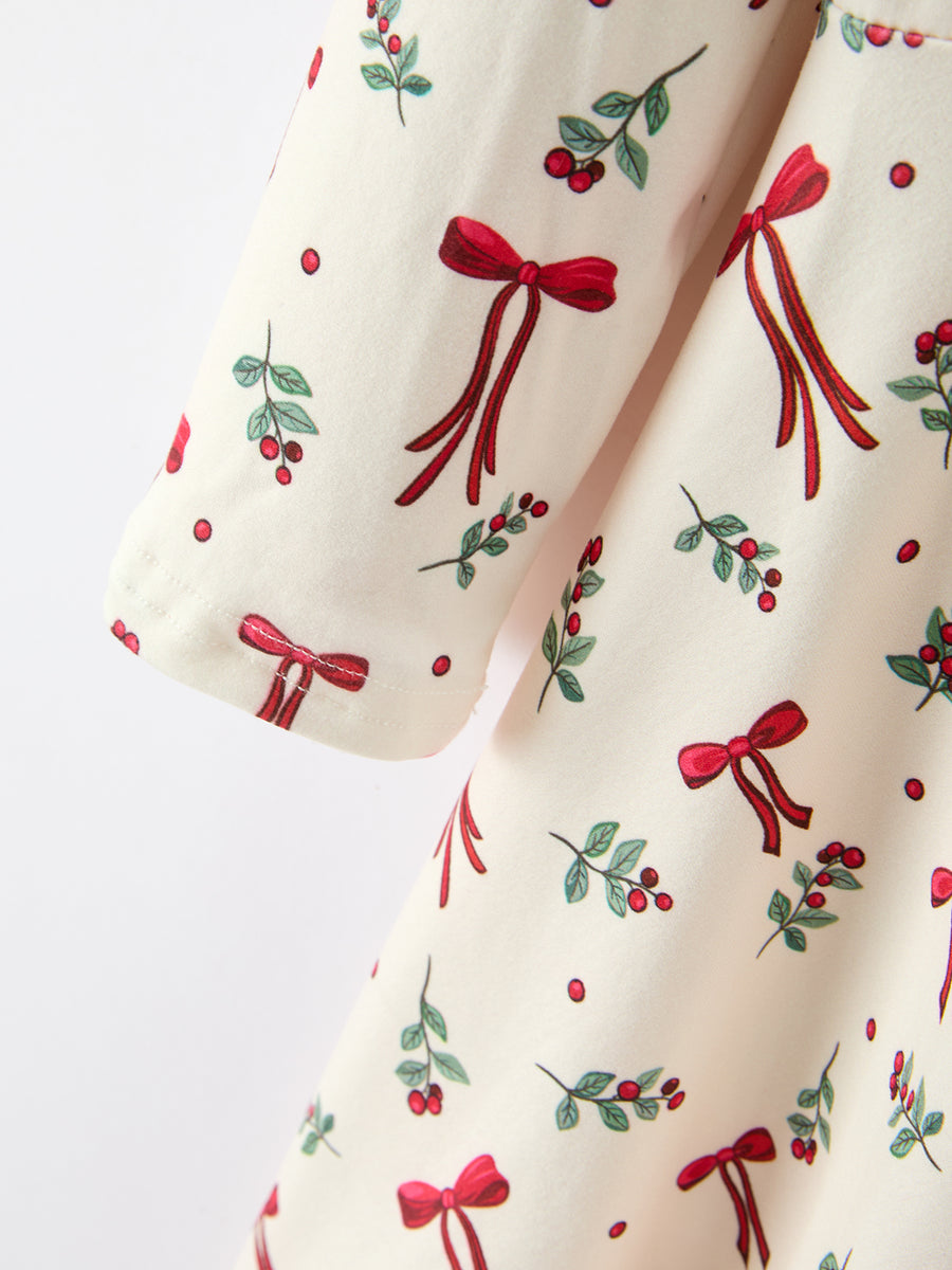 Girls Christmas Bow & Berry Print Twirl Dress