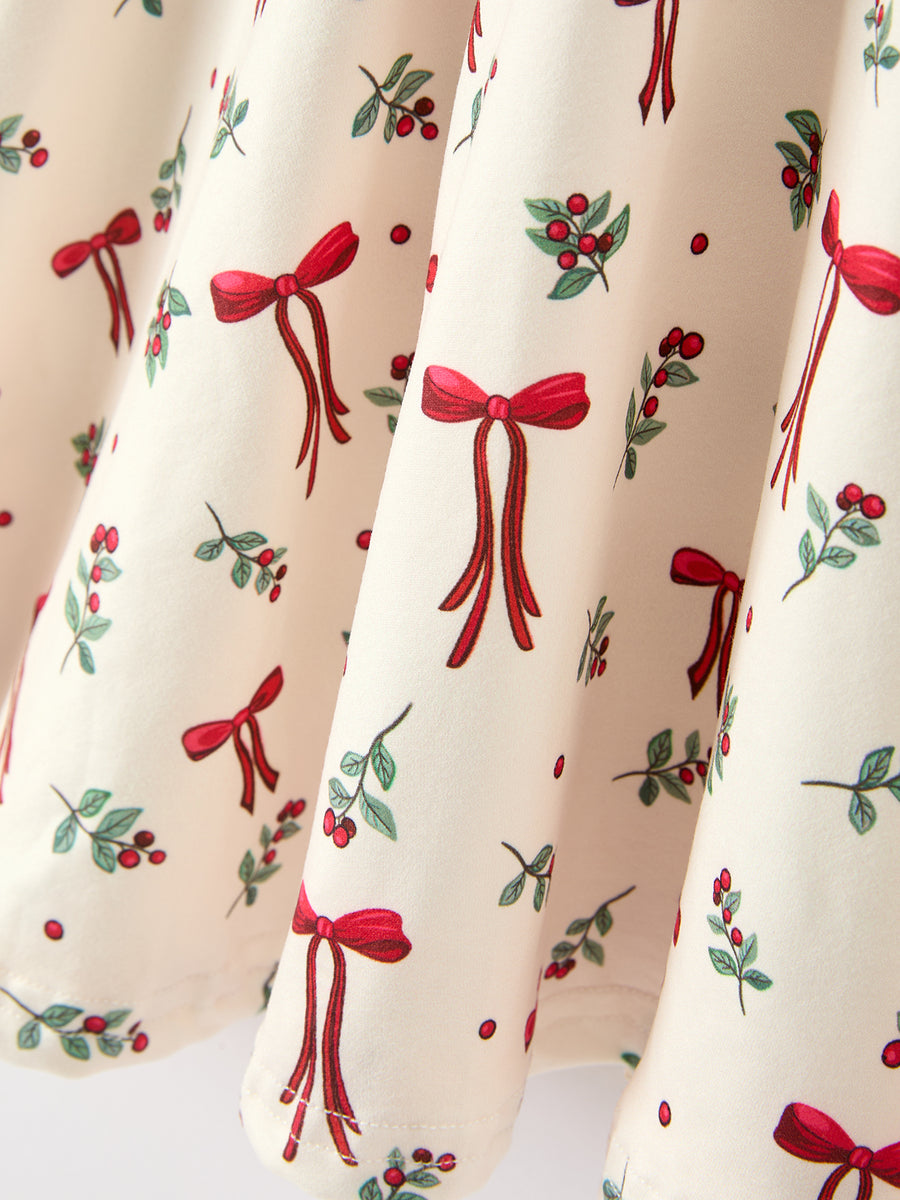 Girls Christmas Bow & Berry Print Twirl Dress