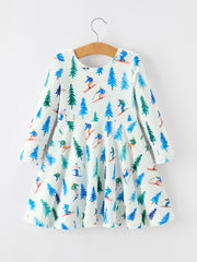 Christmas Girls Winter Ski & Pine Tree Print Twirl Dress