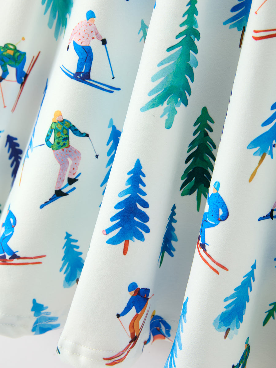 Christmas Girls Winter Ski & Pine Tree Print Twirl Dress