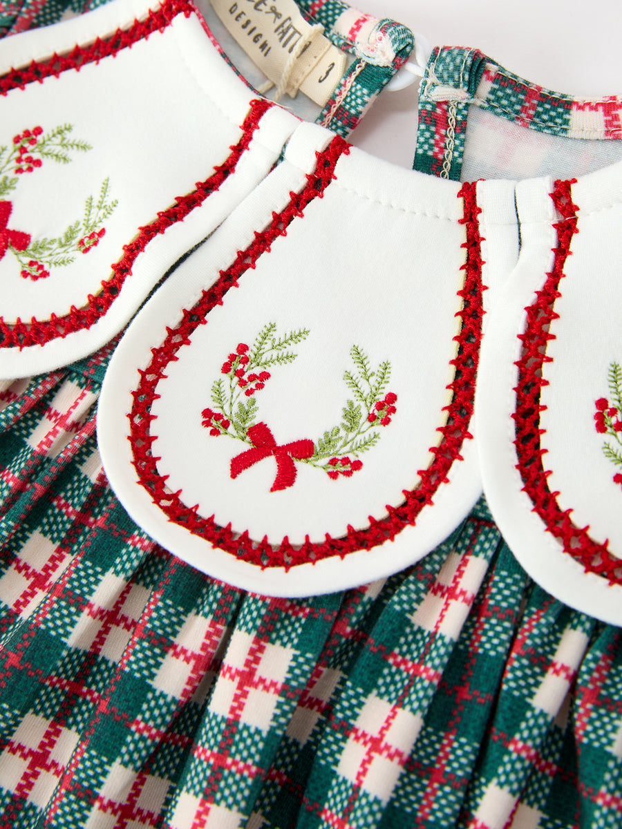 Baby Girl Christmas Plaid Embroidered Dress Wreath Collar