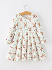 Girls Reindeer Christmas Twirl Long Sleeve Dress